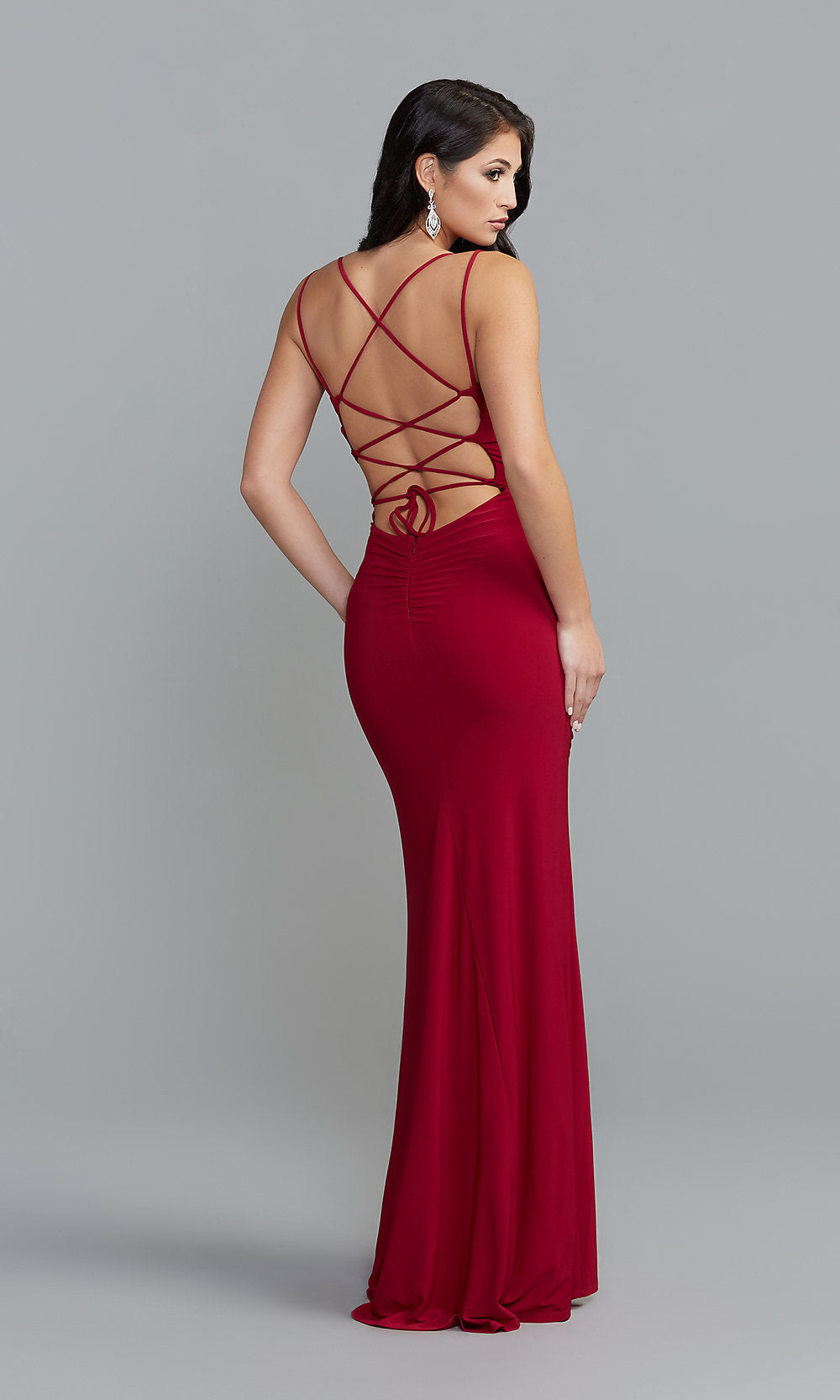  Strappy-Back Jump Long Red Prom Dress with Ruching