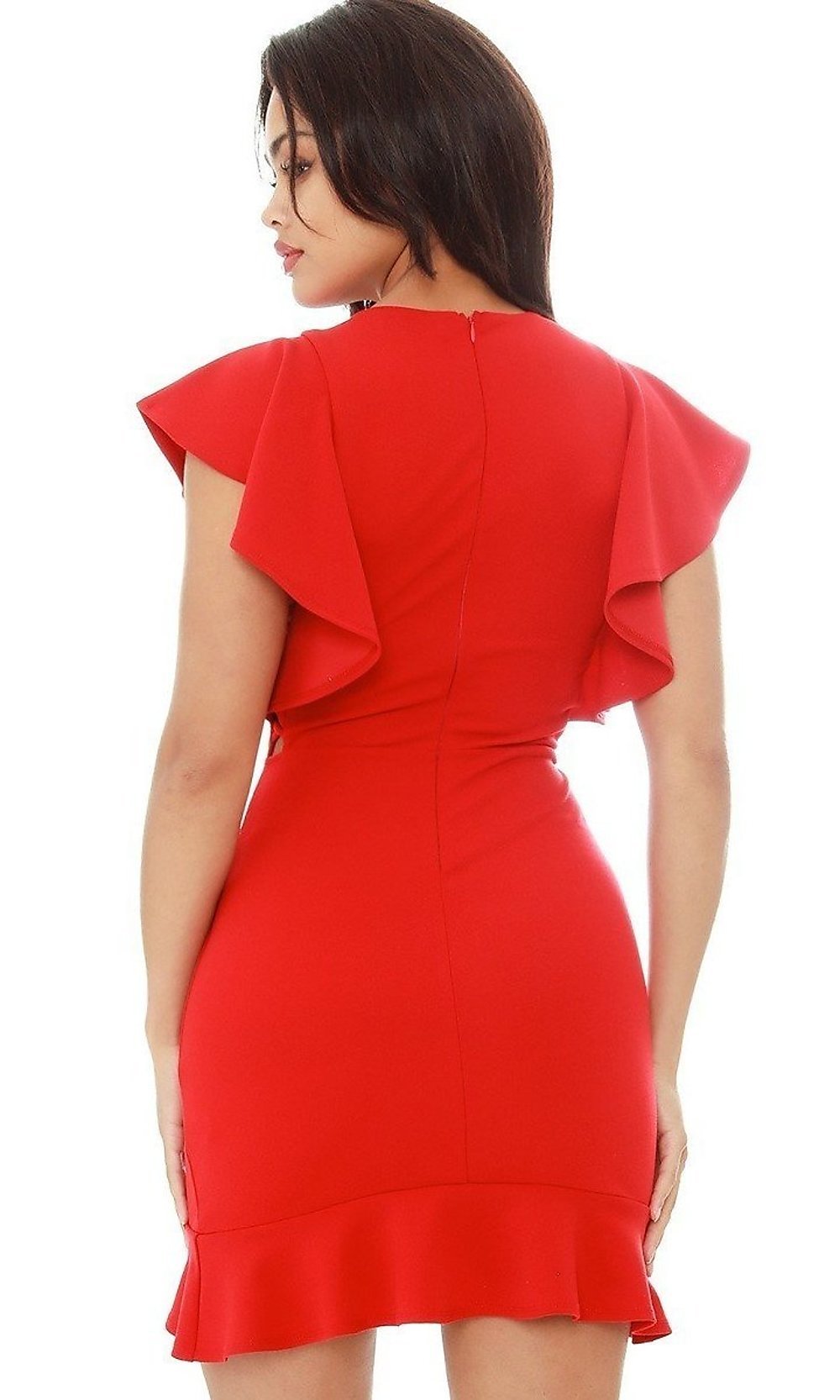 Red Strappy Short Cocktail Party Dress with Ruffle