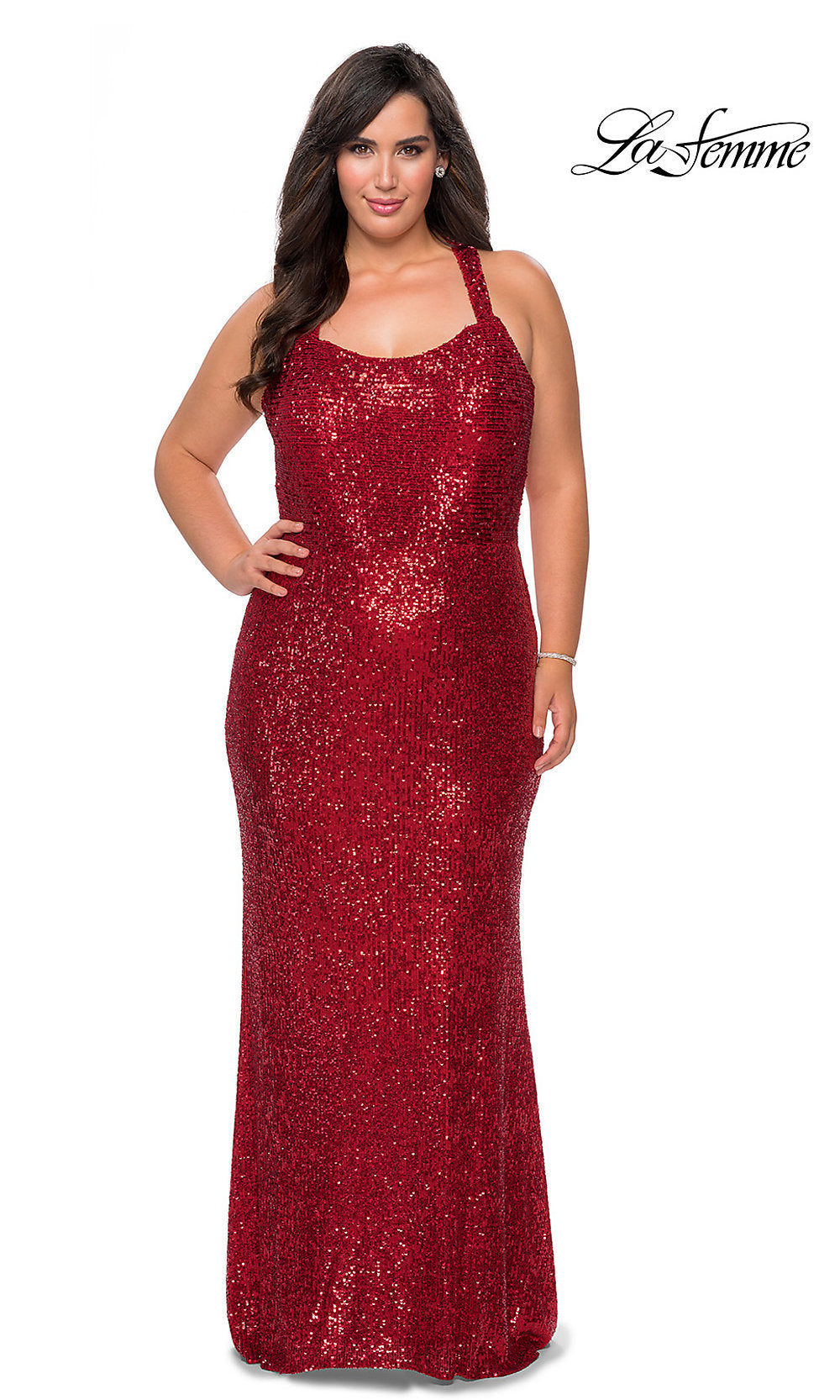 Red X-Back Long Sequin Plus-Size La Femme Prom Dress