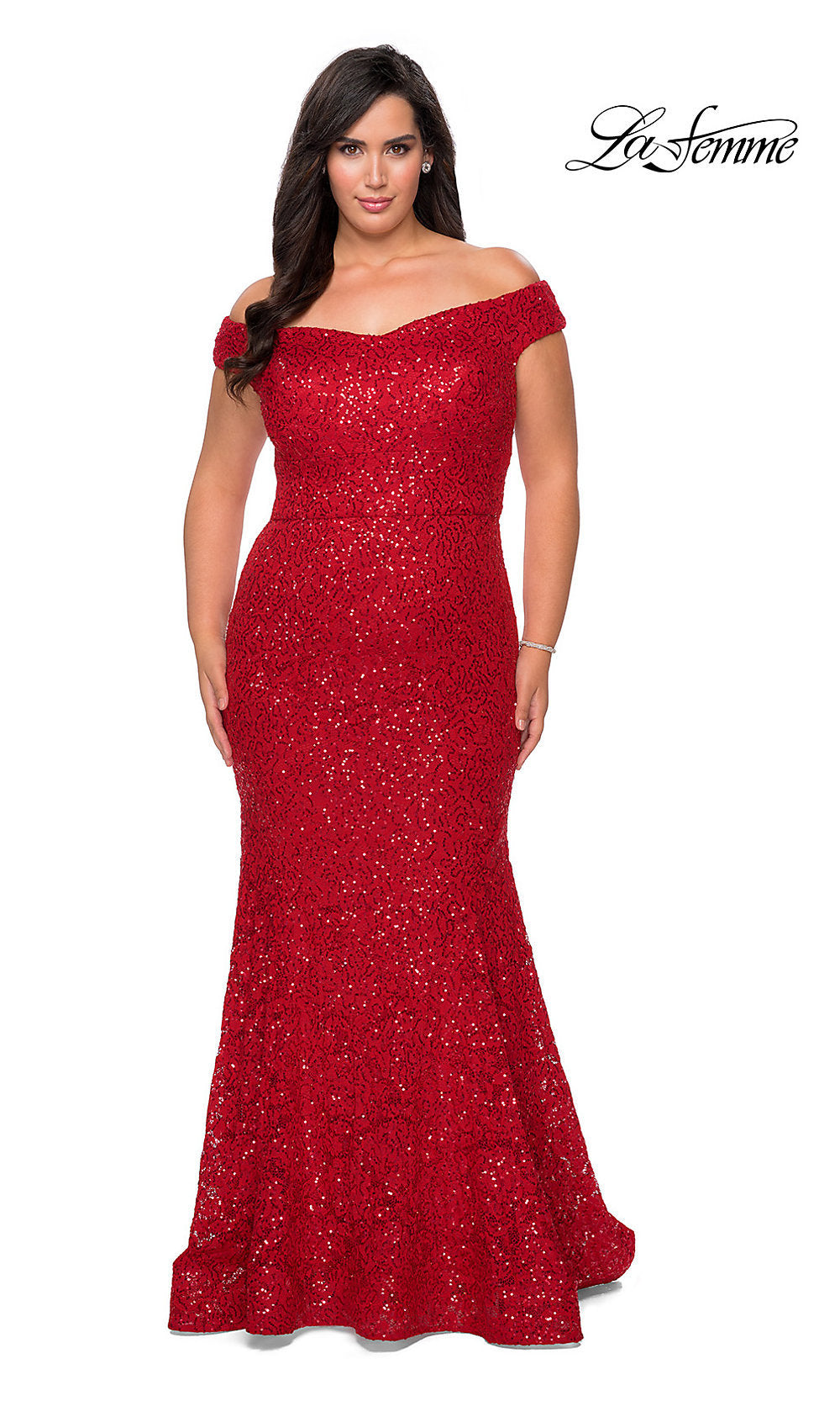 Red Off-the-Shoulder Long Shimmer Lace Plus Prom Dress