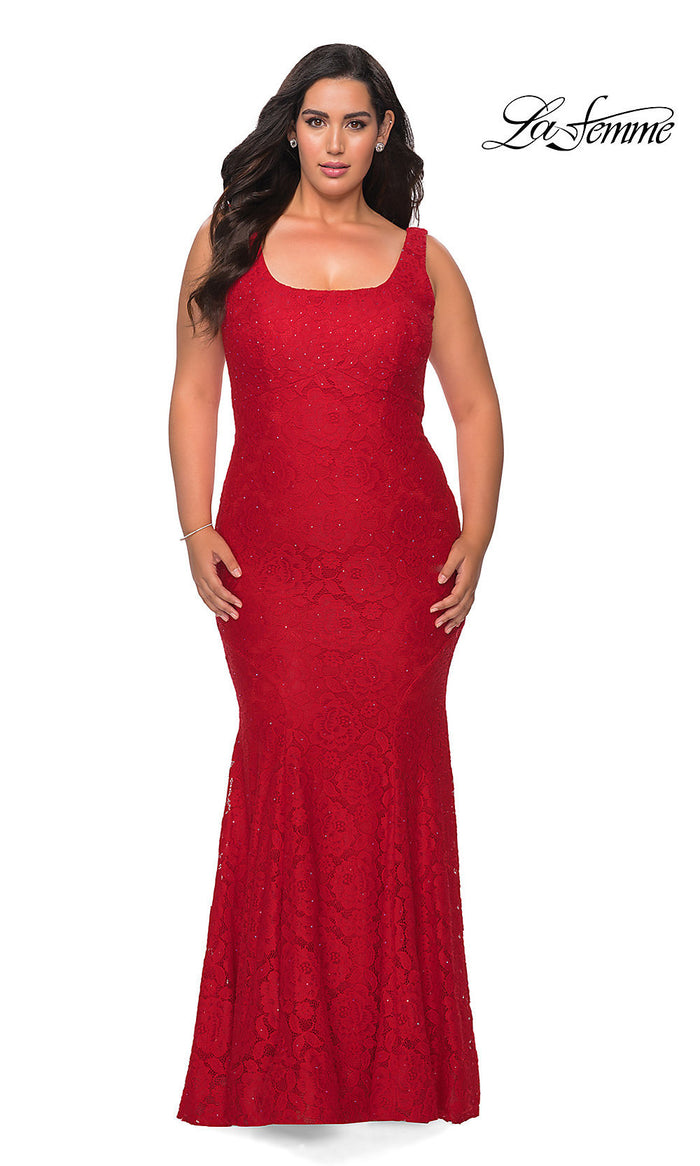 Red Plus-Size Long Lace La Femme Formal Mermaid Dress