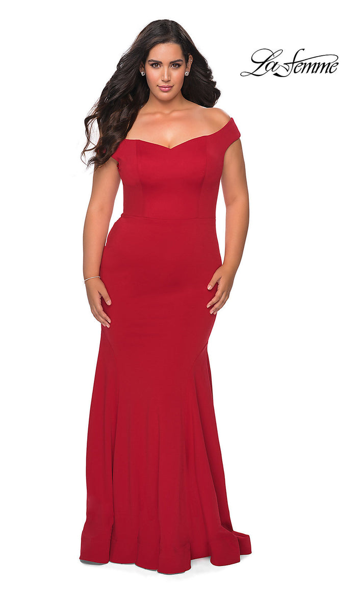 Red Plus-Size La Femme Off-the-Shoulder Formal Dress