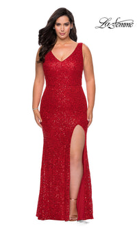 Red La Femme Sequin-Lace Long Plus-Size Formal Dress