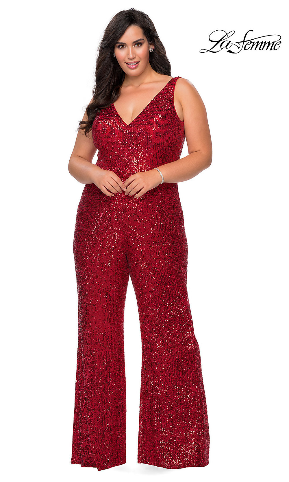 Red La Femme Sequin Formal Prom Jumpsuit in Plus Sizes