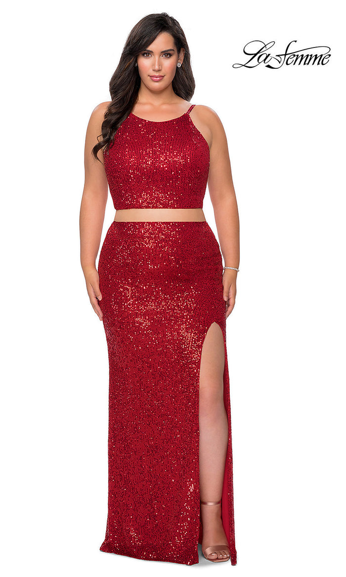 Red Plus-Size Two-Piece Sequin La Femme Prom Dress