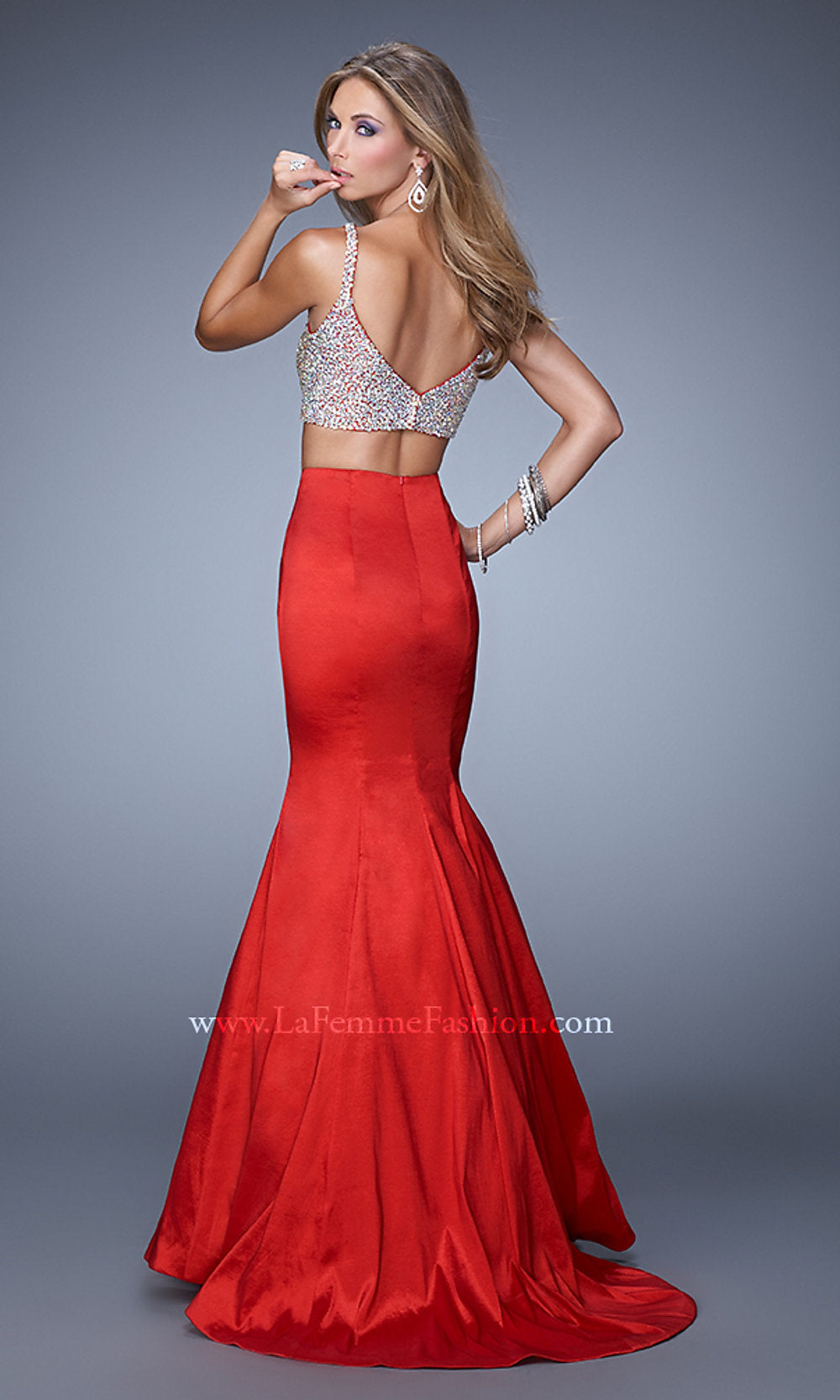 Red Beaded-Top La Femme Two-Piece Mermaid Prom Dress