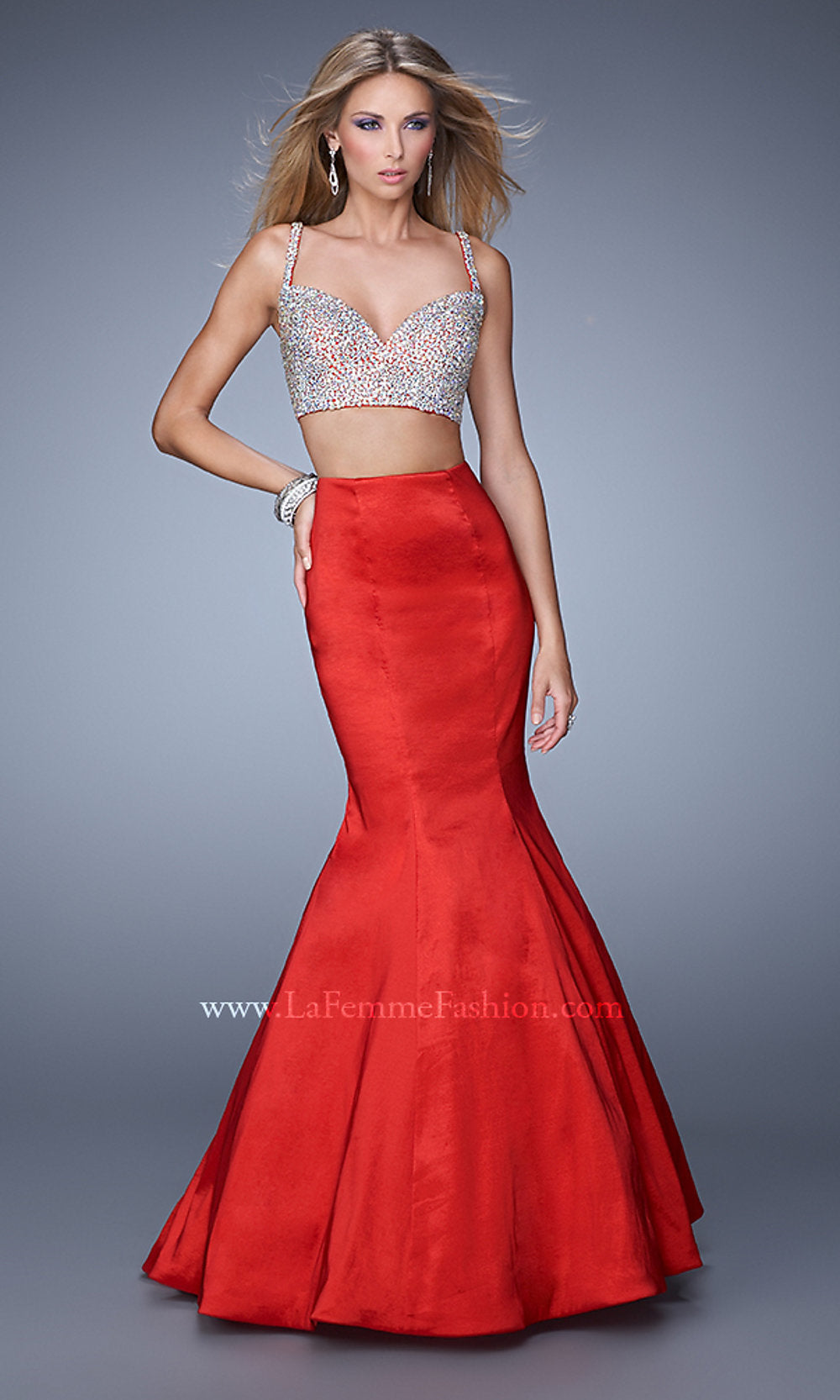  Beaded-Top La Femme Two-Piece Mermaid Prom Dress