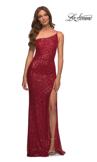 Red One-Shoulder Long Sequin Prom Dress by La Femme