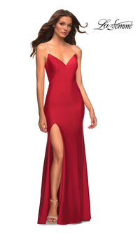 Red La Femme Simple Long Prom Dress with Beaded Straps