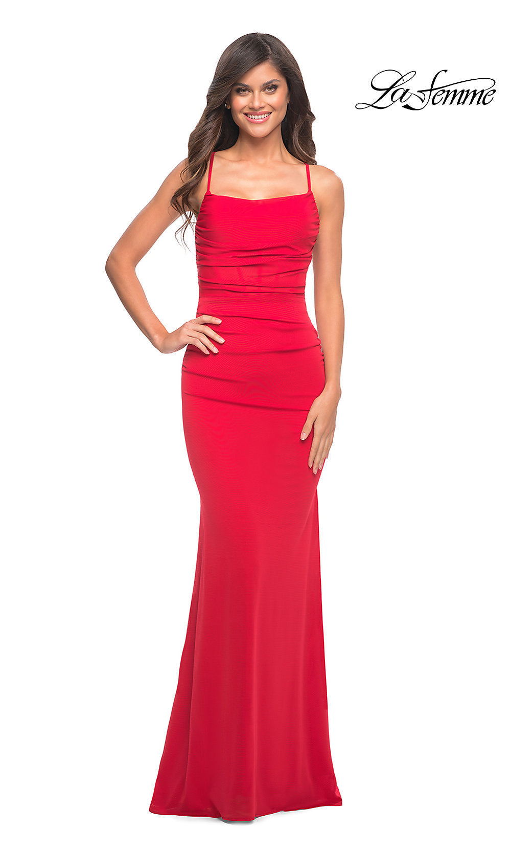 Red Form-Fitting Open-Back Long La Femme Prom Dress