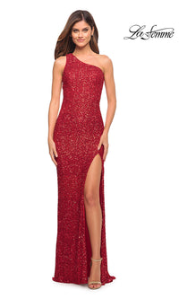 Red One-Shoulder Long La Femme Sequin Prom Dress