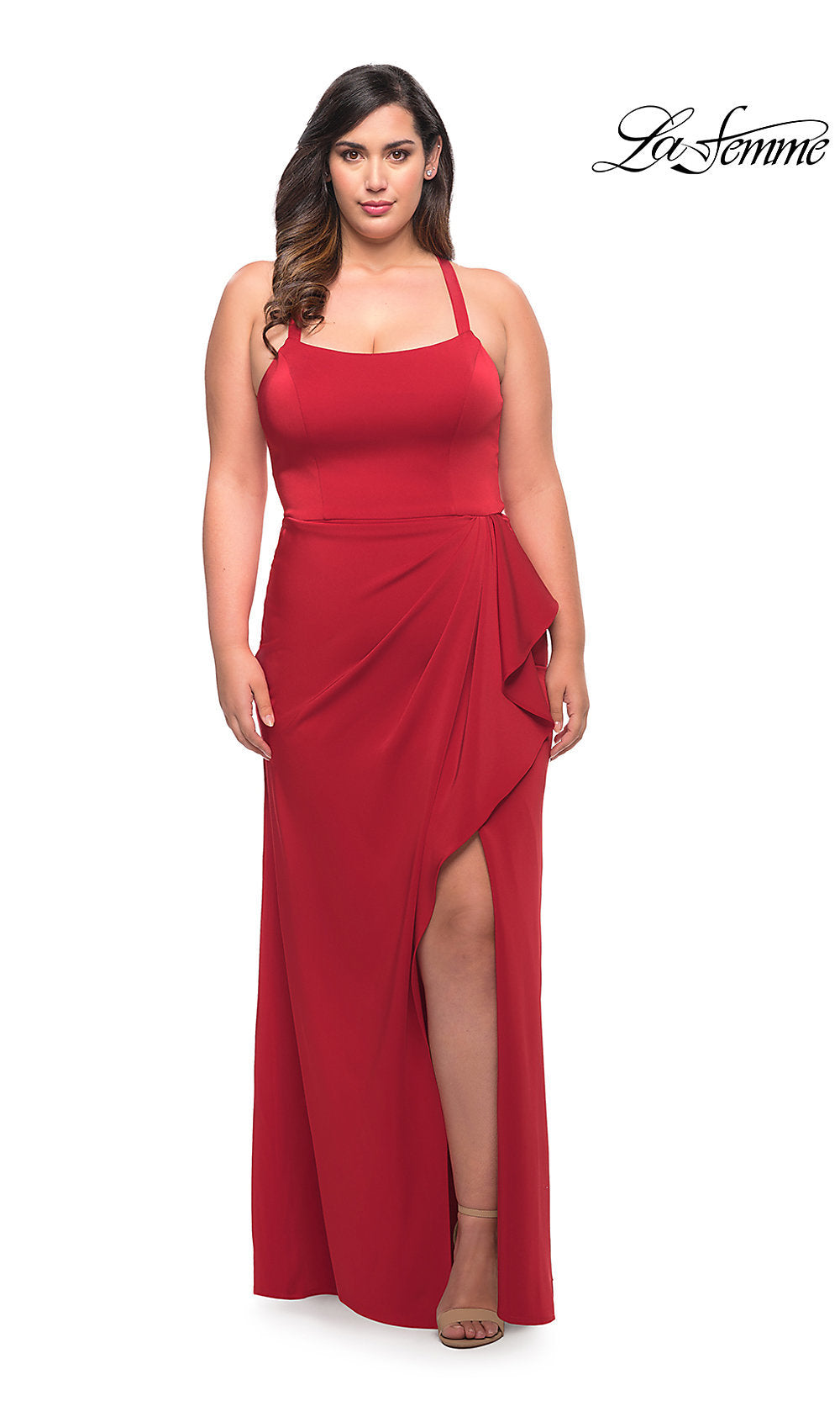 Red Side Drape La Femme Long Plus-Size Formal Dress