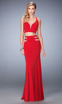 Red Illusion Cut Out Two Piece La Femme Formal Gown
