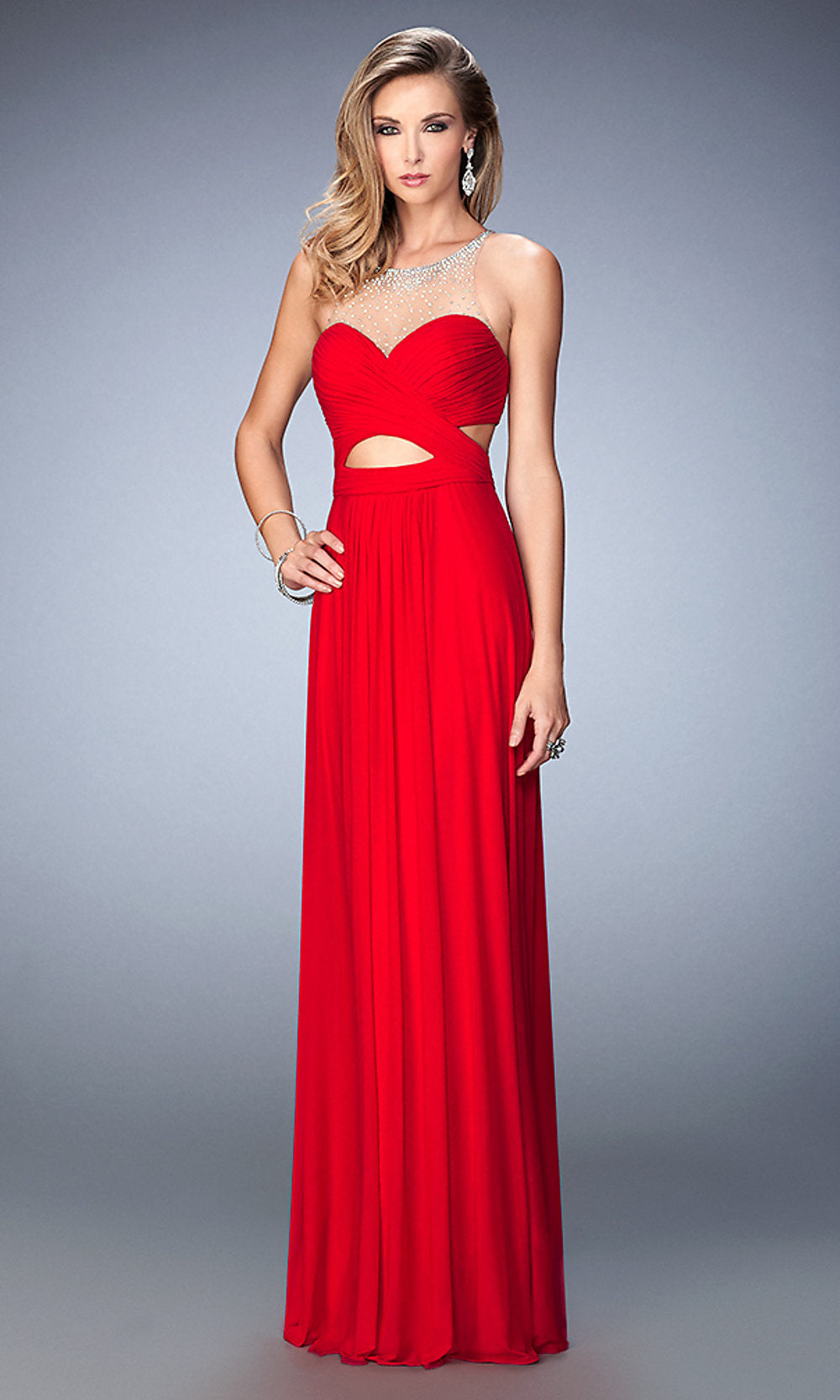 Red Floor Length Open Back Formal Gown with a Waist Cut Out by La Femme
