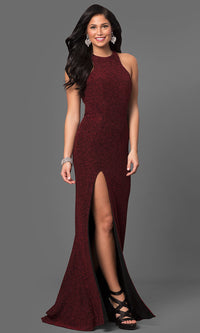 Red Glitter Jersey Long Formal Prom Dress