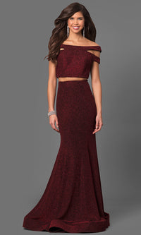 Red Glitter Jersey Two-Piece Off-the-Shoulder Gown