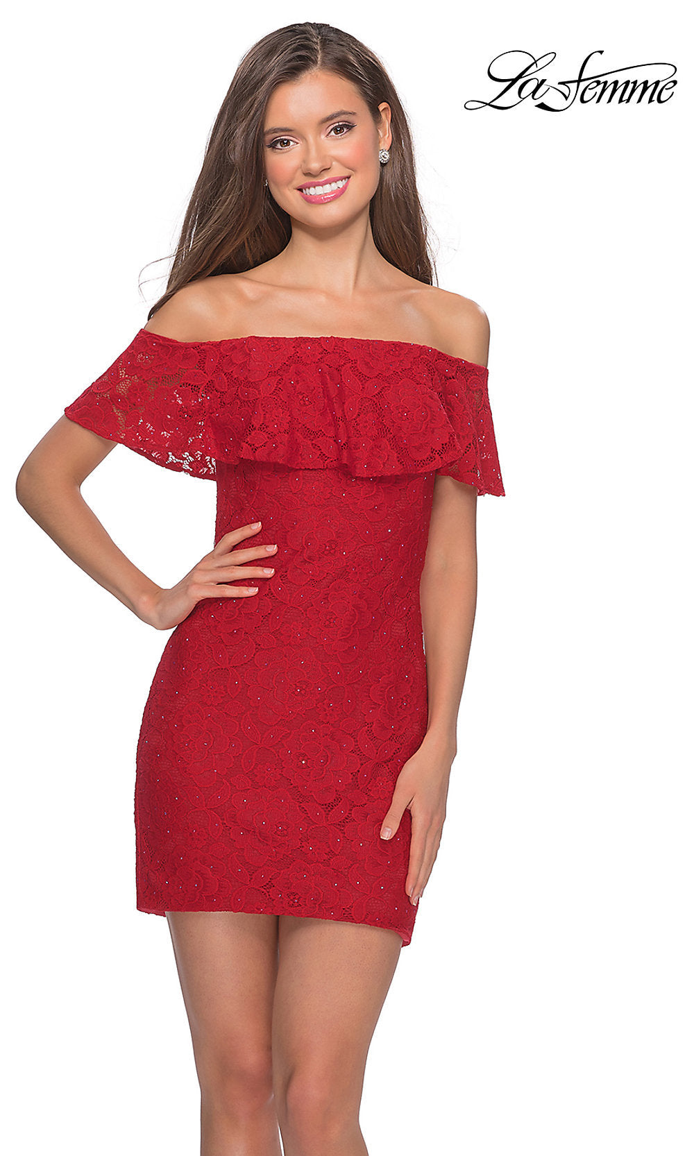 Red La Femme Off-the-Shoulder Short Lace Party Dress