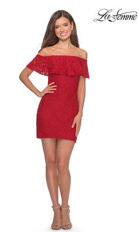  La Femme Off-the-Shoulder Short Lace Party Dress