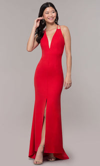 Red Deep-V-Neck Long High-Low Formal Dress with Open Back