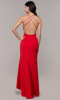  Deep-V-Neck Long High-Low Formal Dress with Open Back