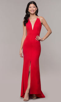  Deep-V-Neck Long High-Low Formal Dress with Open Back