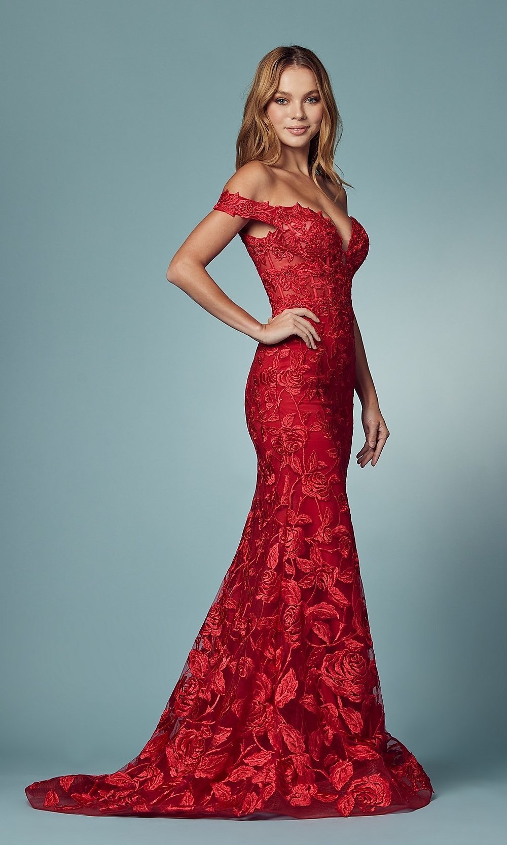 Red Off-the-Shoulder Long Mermaid Lace Prom Dress