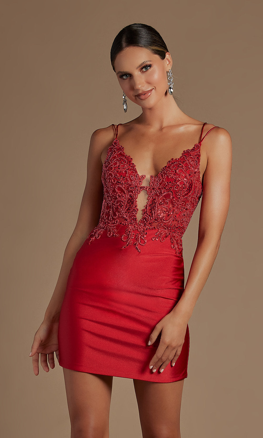 Red Sheer-Bodice Corset-Back Sexy Short Cocktail Dress