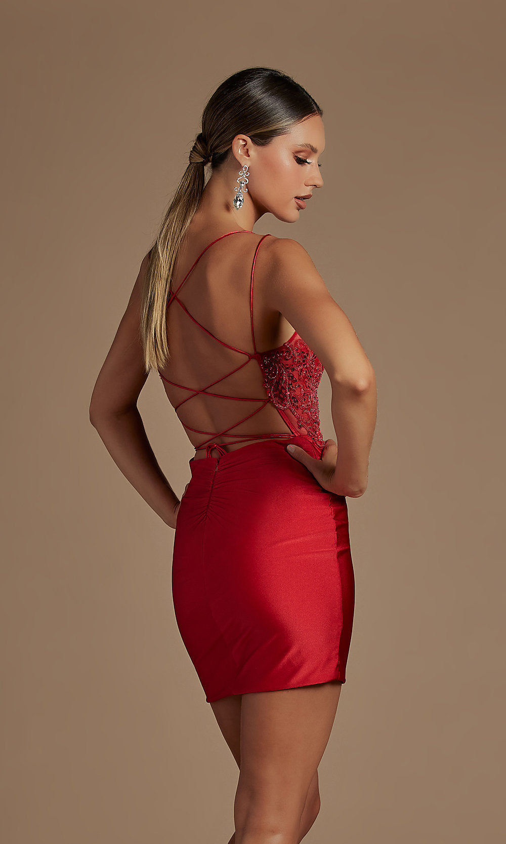  Sheer-Bodice Corset-Back Sexy Short Cocktail Dress