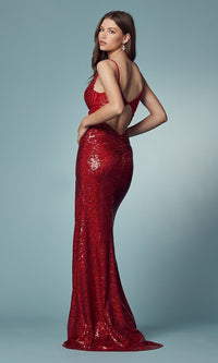  Long Red Sequin Prom Dress with Cut-Out Back