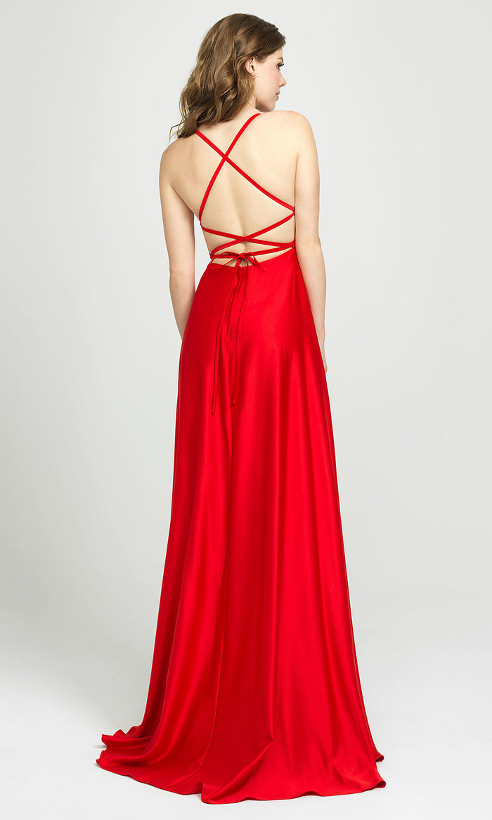  Lace-Up Open-Back Long Satin Formal Prom Dress