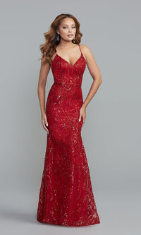 Red Corset-Back Long Formal Dress with Sparkly Overlay