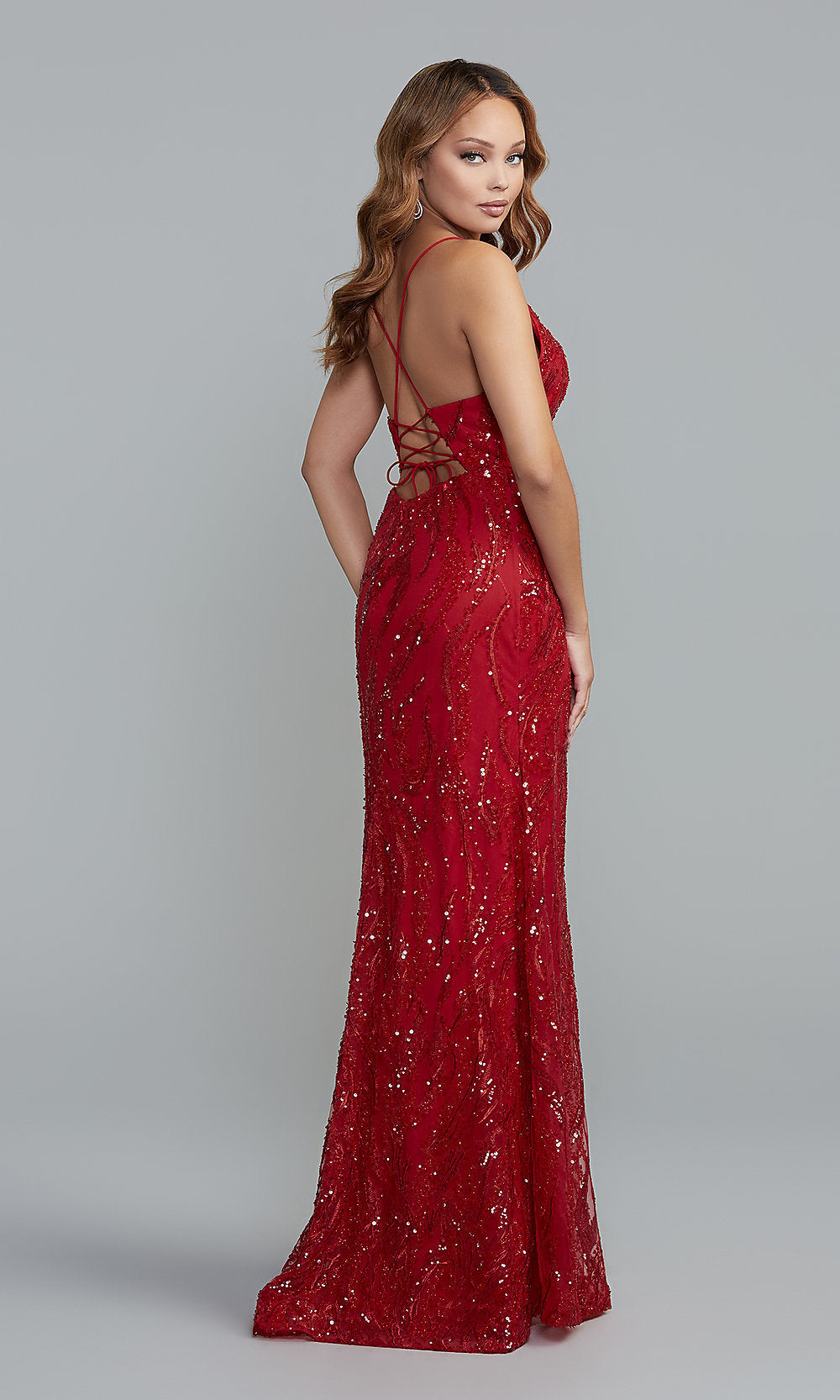  Corset-Back Long Formal Dress with Sparkly Overlay