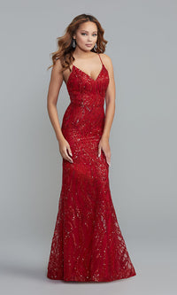  Corset-Back Long Formal Dress with Sparkly Overlay
