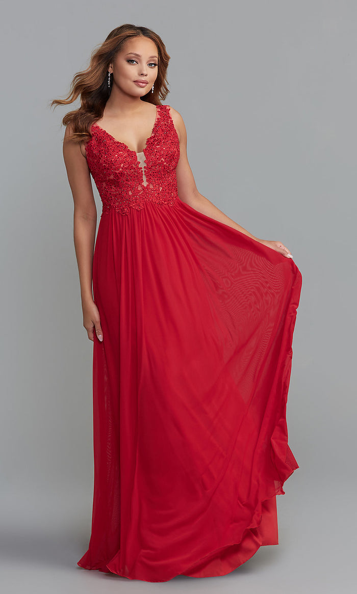 Red Long Formal Chiffon Gown with Lace Bodice