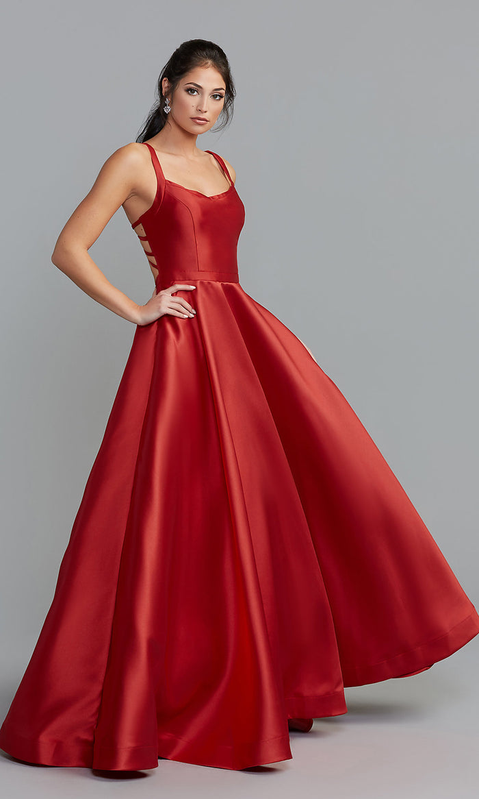 Red Long Caged-Back A-Line Formal Gown with Pockets