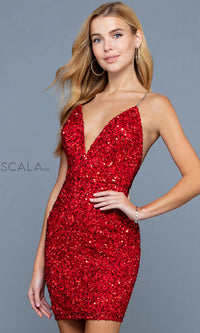 Red/Silver Chain-Back Scala Sequin Short Homecoming Dress