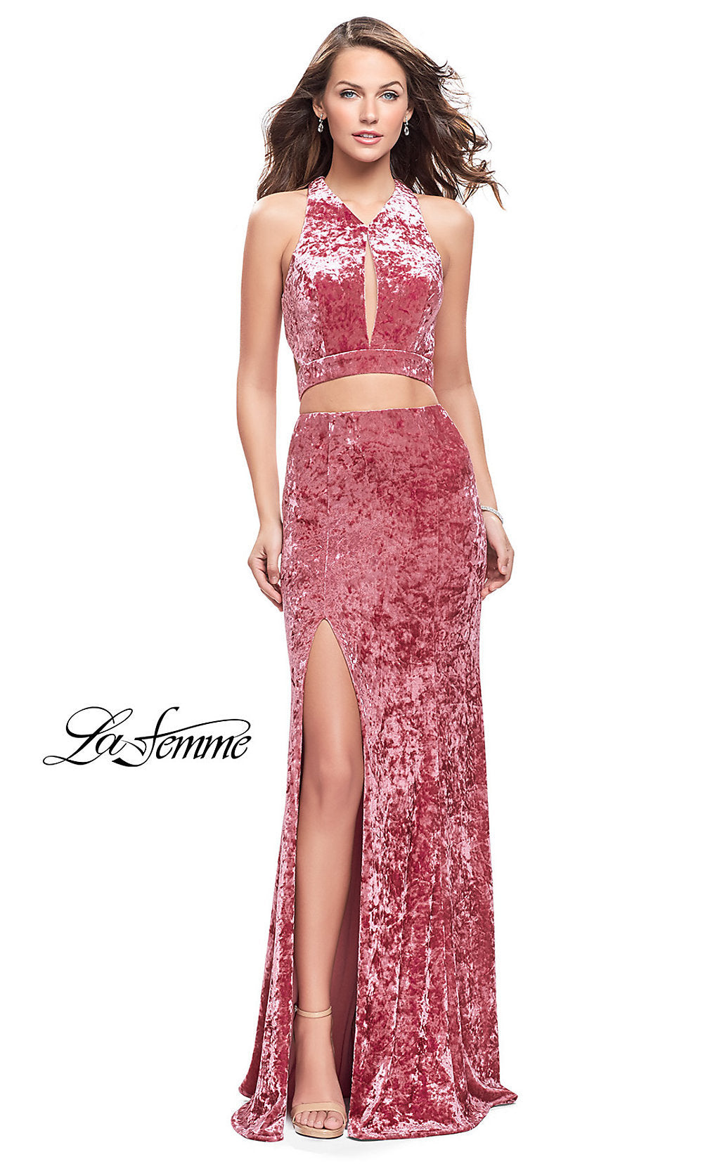  Open-Back Long Mock Two-Piece Velvet La Femme Prom Dress