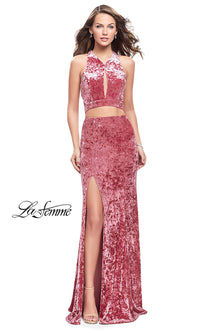  Open-Back Long Mock Two-Piece Velvet La Femme Prom Dress