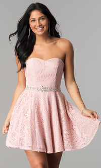  Beaded-Waist Short Strapless Lace Homecoming Dress