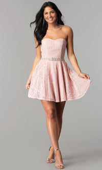  Beaded-Waist Short Strapless Lace Homecoming Dress