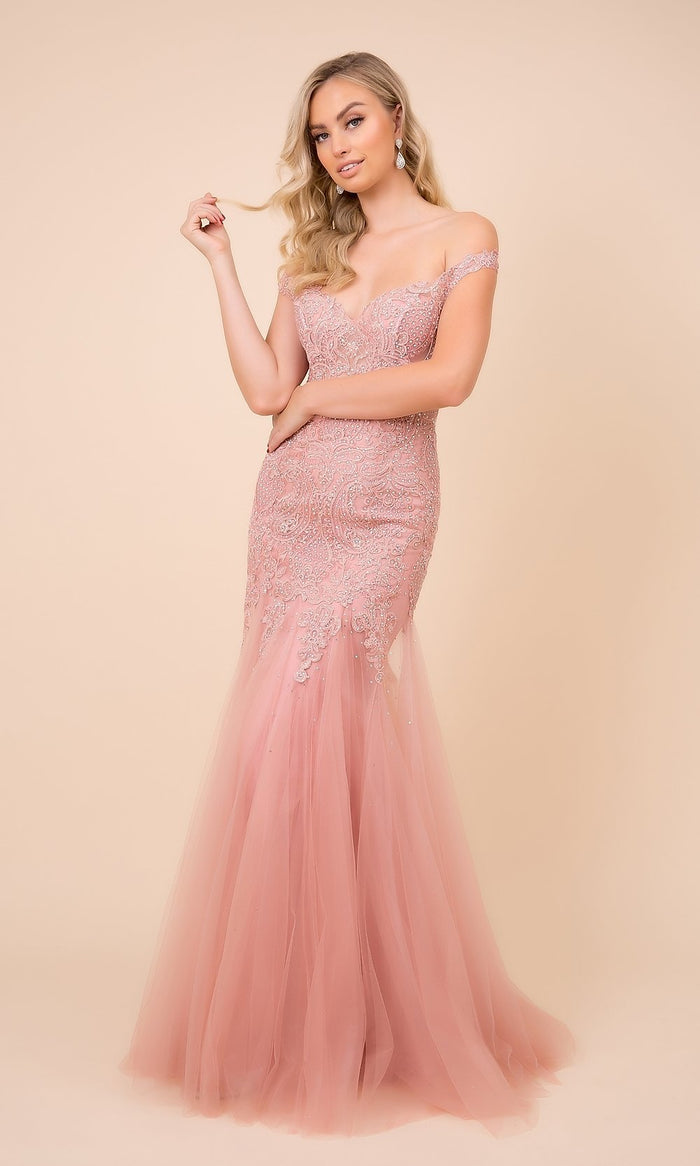 Rose Embroidered Illusion-Bodice Long Mermaid Prom Dress