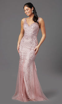  Deep V-Back Long Prom Dress with Beaded Embroidery