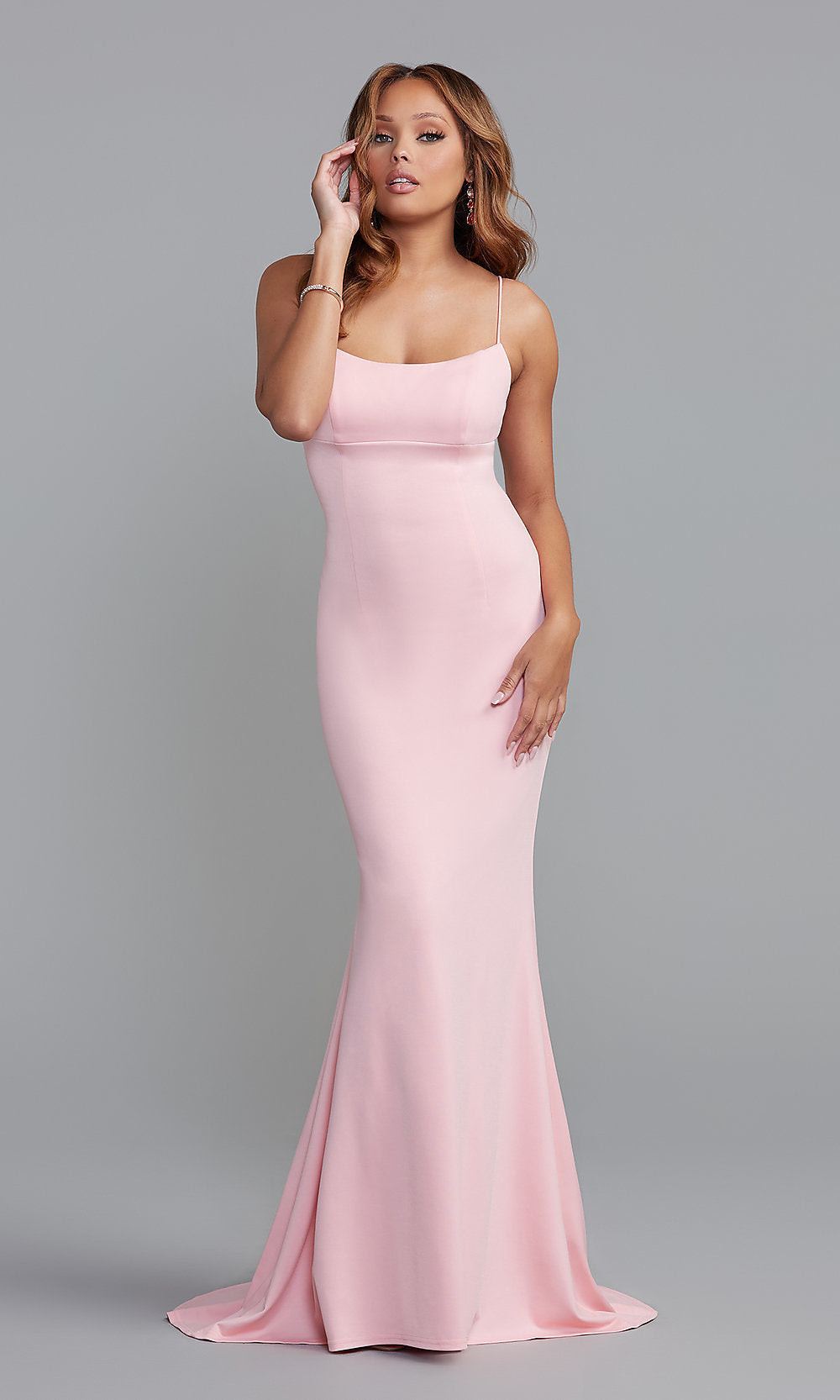 Blush Pink Straight Across Neck A-line Satin Plain Long Prom Dress |  Graduation Dance Dress