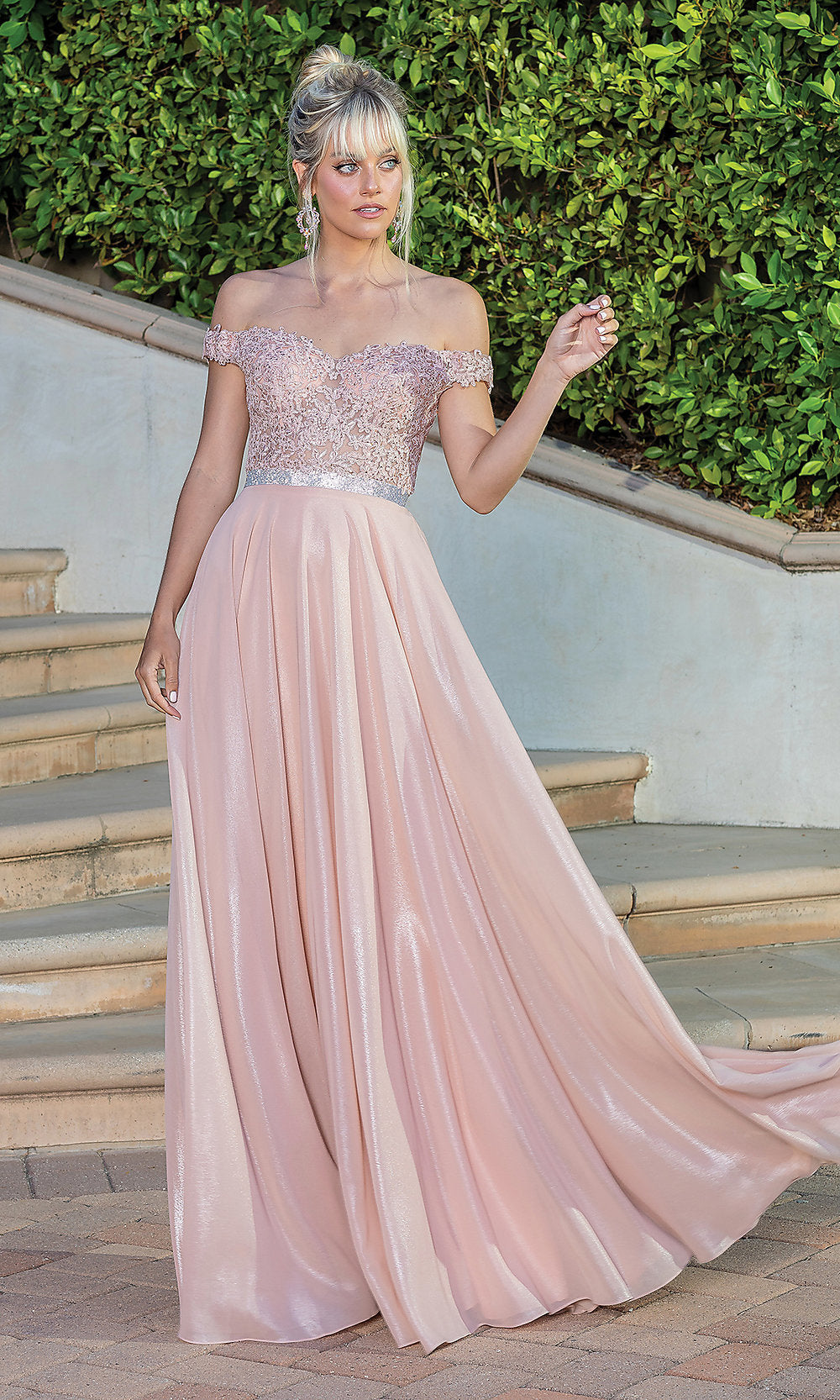 Rose Gold Off-the-Shoulder Long Metallic A-Line Prom Dress