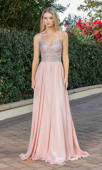 Rose Gold Lace-Up Corset-Back Beaded-Bodice Long Prom Gown