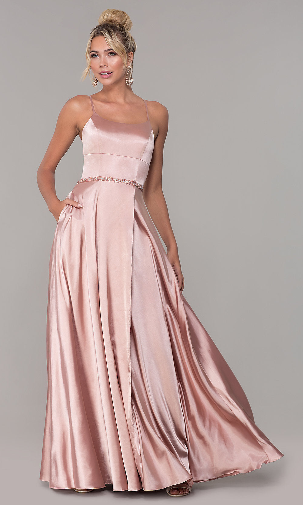 Rose Gold Long Faux-Wrap Satin Prom Dress with Slit