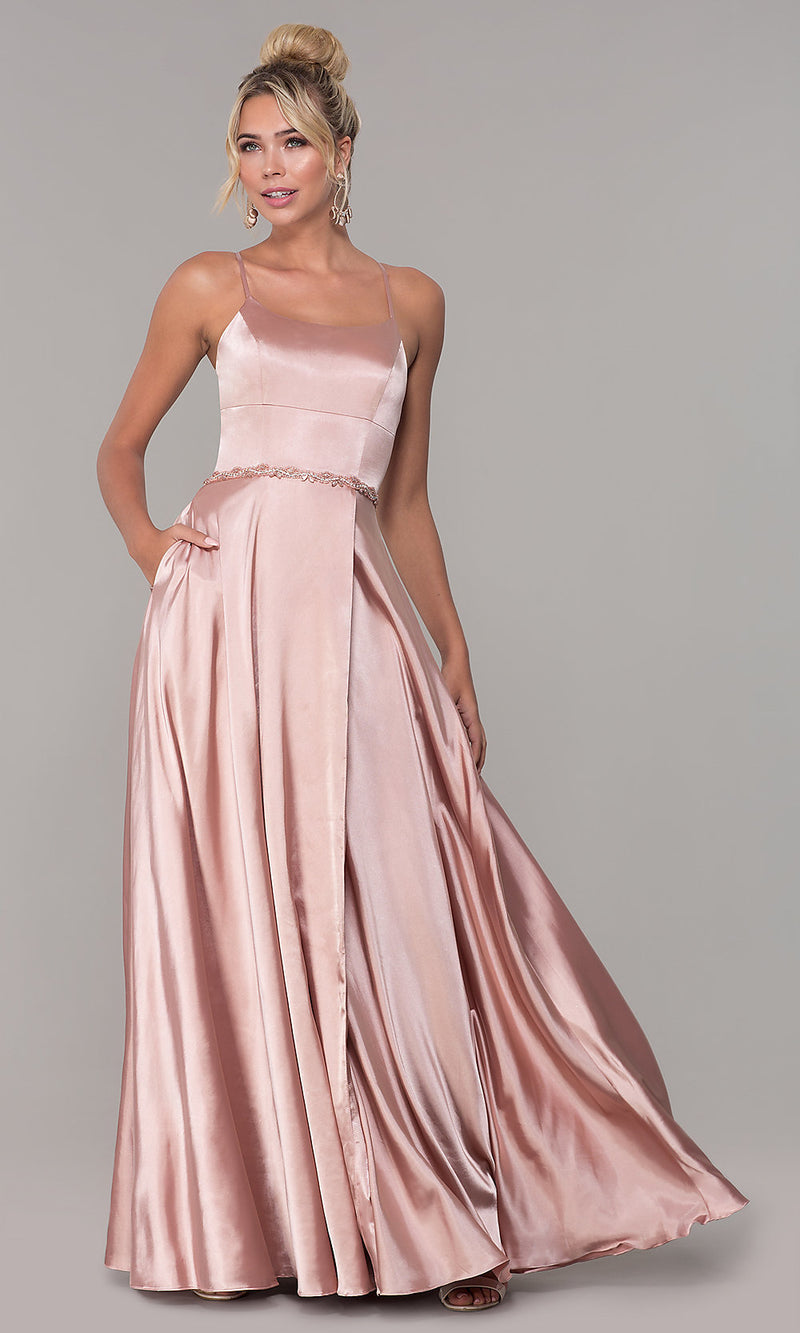 Satin Long FauxWrap Prom Dress with Pockets