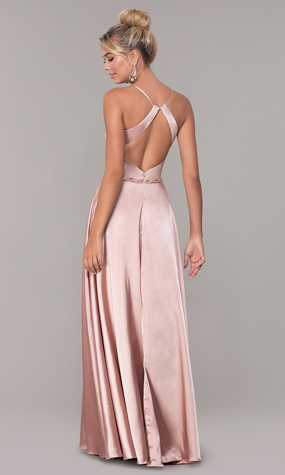  Long Faux-Wrap Satin Prom Dress with Slit