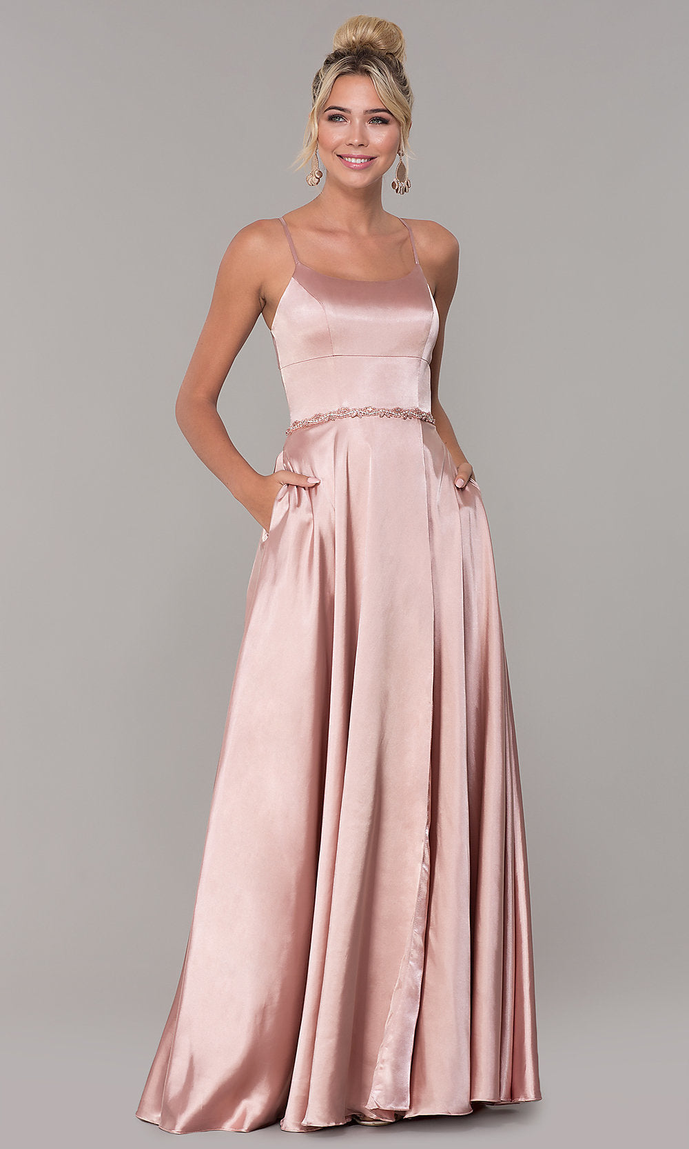  Long Faux-Wrap Satin Prom Dress with Slit