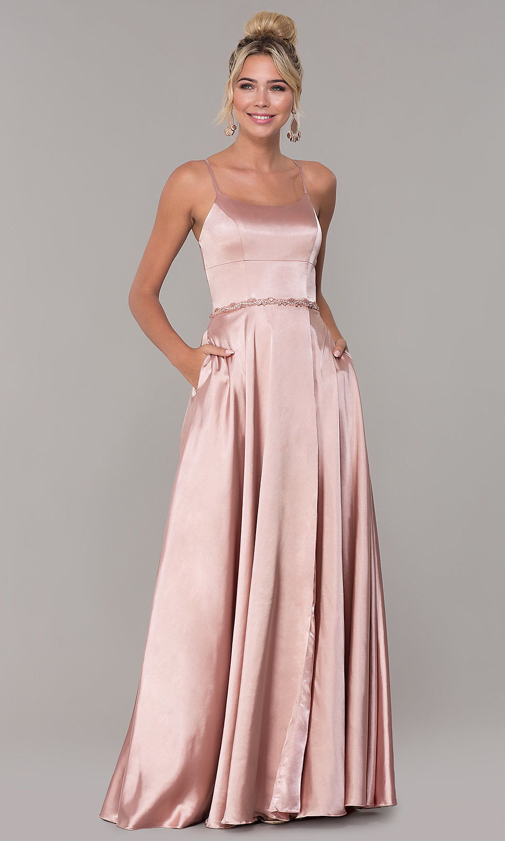  Long Faux-Wrap Satin Prom Dress with Slit
